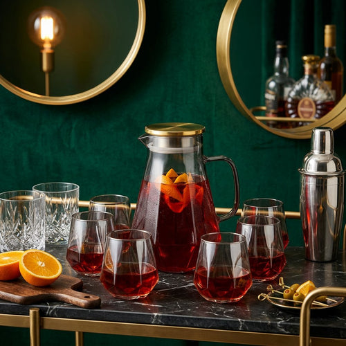 Elegant Geometric Pitcher with Gold Lid & 6 Glasses Set