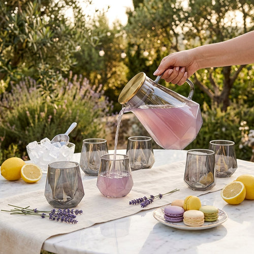 Elegant Geometric Pitcher with Gold Lid & 6 Glasses Set