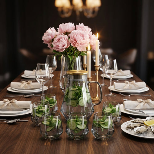 Elegant Geometric Pitcher with Gold Lid & 6 Glasses Set