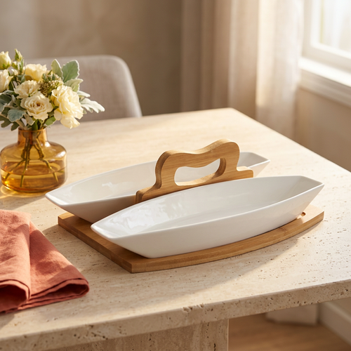 Boat-Shaped Serving Dishes with Wooden Center Handle Tray