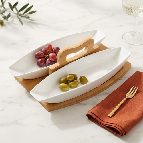 Boat-Shaped Serving Dishes with Wooden Center Handle Tray