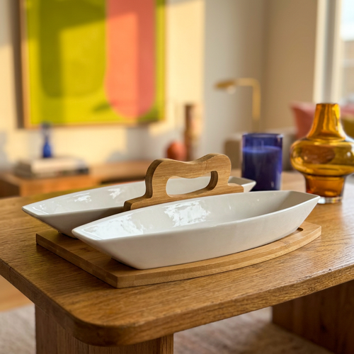 Boat-Shaped Serving Dishes with Wooden Center Handle Tray