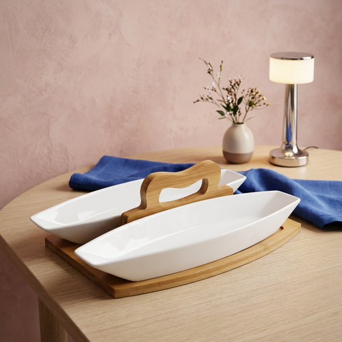 Boat-Shaped Serving Dishes with Wooden Center Handle Tray