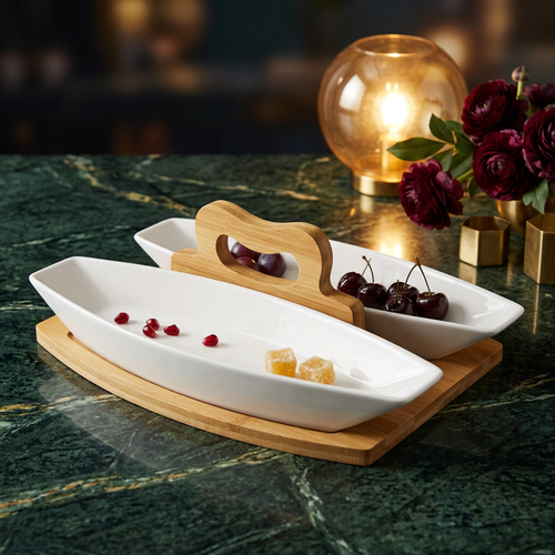 Boat-Shaped Serving Dishes with Wooden Center Handle Tray