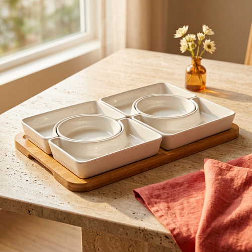 6-Piece Modular Appetizer & Dip Serving Set with Bamboo Tray