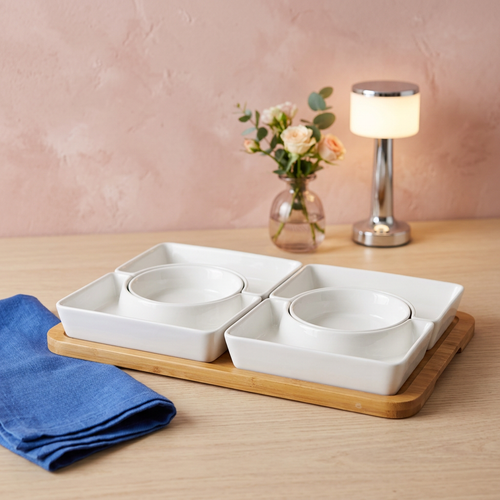 6-Piece Modular Appetizer & Dip Serving Set with Bamboo Tray