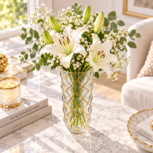 Modern Gold Lattice Faceted Glass Vase