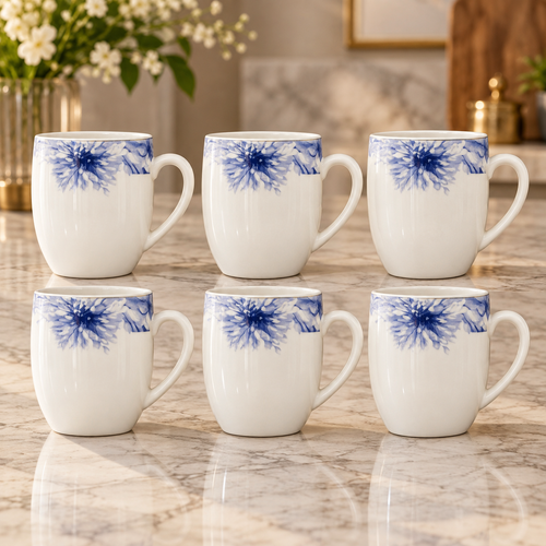 Elegant Blue Floral Tea & Coffee Cup 6 Piece Set