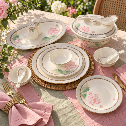 Blush Lotus & Silver Lattice Fine Dinner Set 39 Pcs