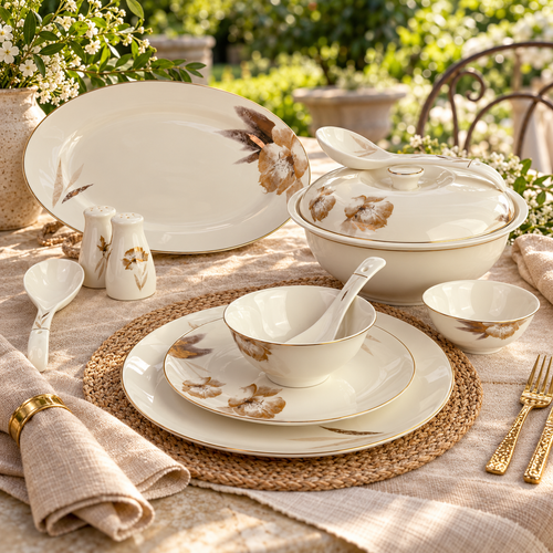 Amber Bloom & Gold Warm Ivory Sepia Floral Fine Dinner Set 39 Pcs