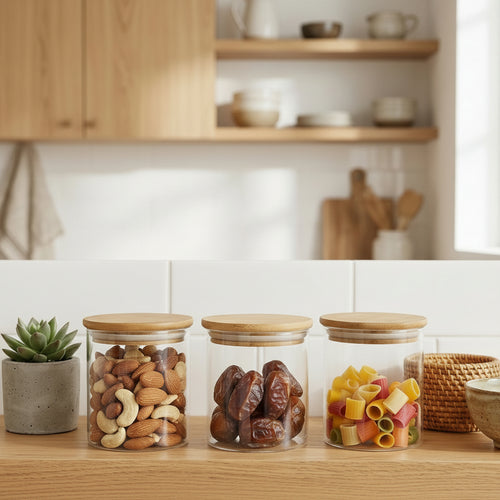 3 Pack Glass Kitchen Canister Set with Bamboo Lids