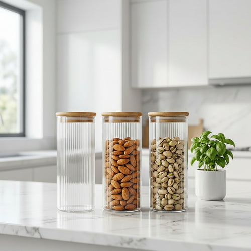 Elegant Striped Canister Set with Eco-Friendly Wood Lids