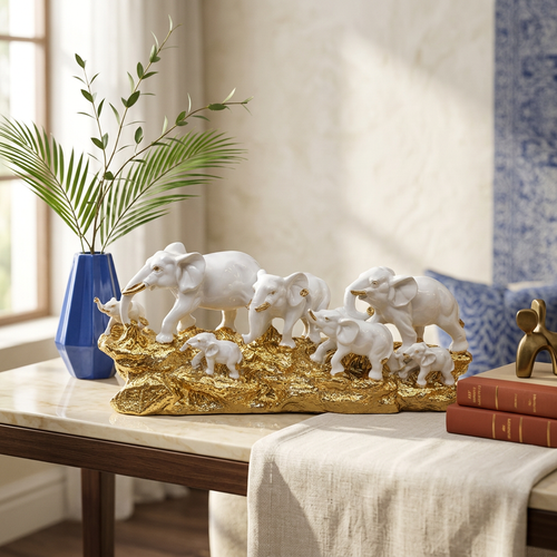 Royal White Ceramic Elephant Family Herd Sculpture