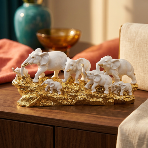 Royal White Ceramic Elephant Family Herd Sculpture