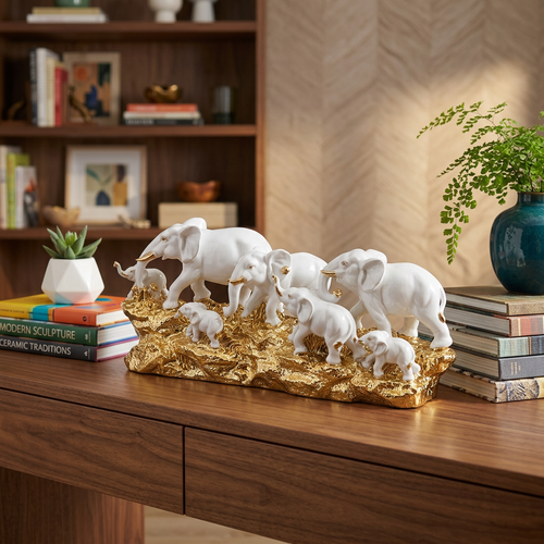 Royal White Ceramic Elephant Family Herd Sculpture