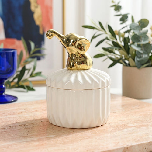 Tabletop Storage Jar with Gold Elephant Accent