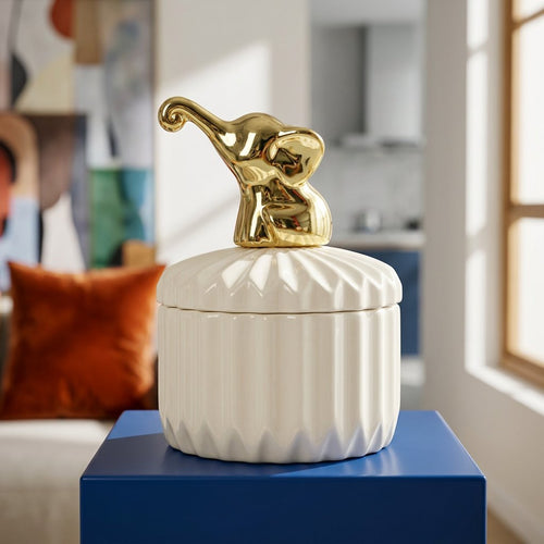 Tabletop Storage Jar with Gold Elephant Accent