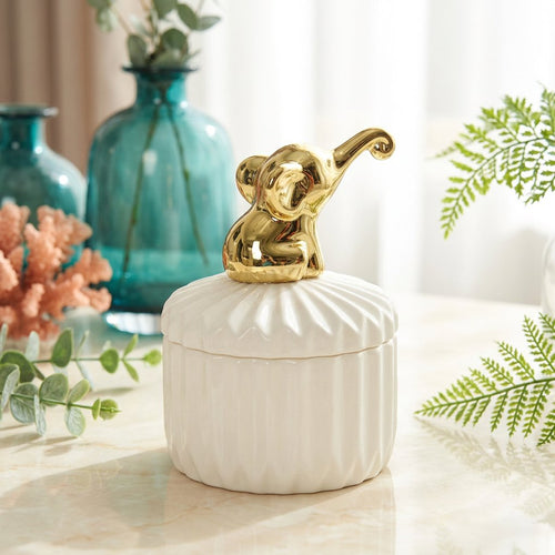 Tabletop Storage Jar with Gold Elephant Accent