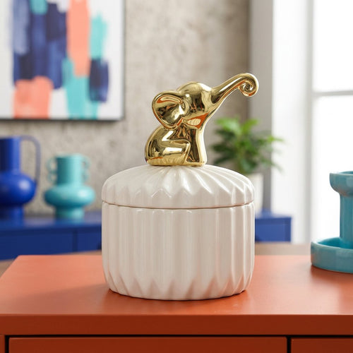 Tabletop Storage Jar with Gold Elephant Accent