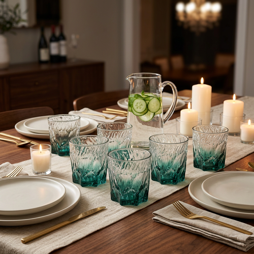 Teal Ocean Wave Textured Whiskey Glass Set of 6