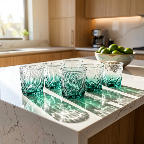 Teal Ocean Wave Textured Whiskey Glass Set of 6
