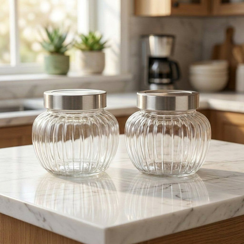 Ribbed Glass Storage Jar Set with Stainless Steel Lids