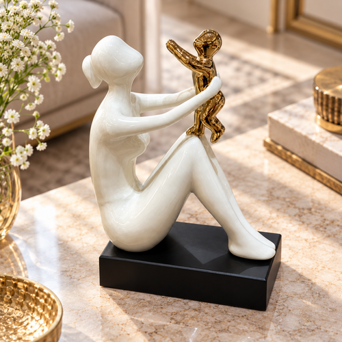 Seated Mother & Child Sculpture in Ivory & Gold
