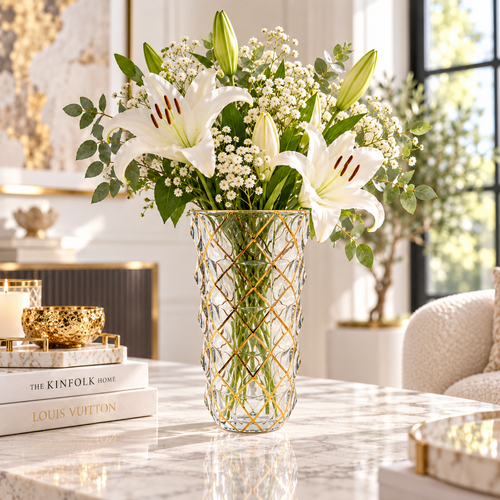 Modern Gold Lattice Faceted Glass Vase
