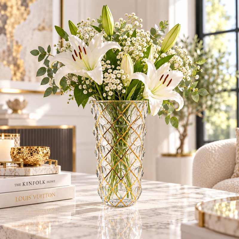 Modern Gold Lattice Faceted Glass Vase