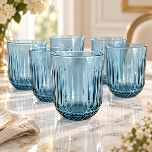 Ocean Blue Vertical Textured Glass Set 6 Piece (250 ML)