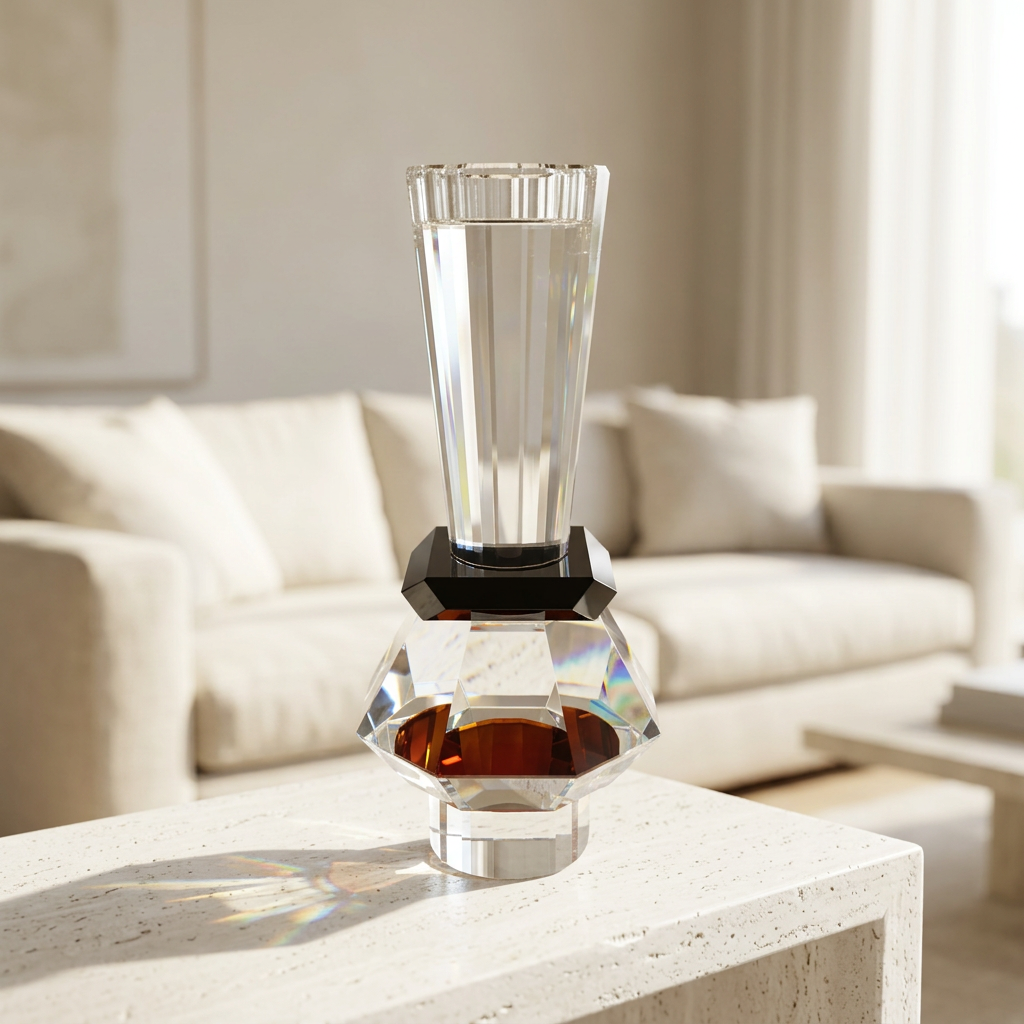 Crystal Candle Holder with Sculpted Geometric Accent