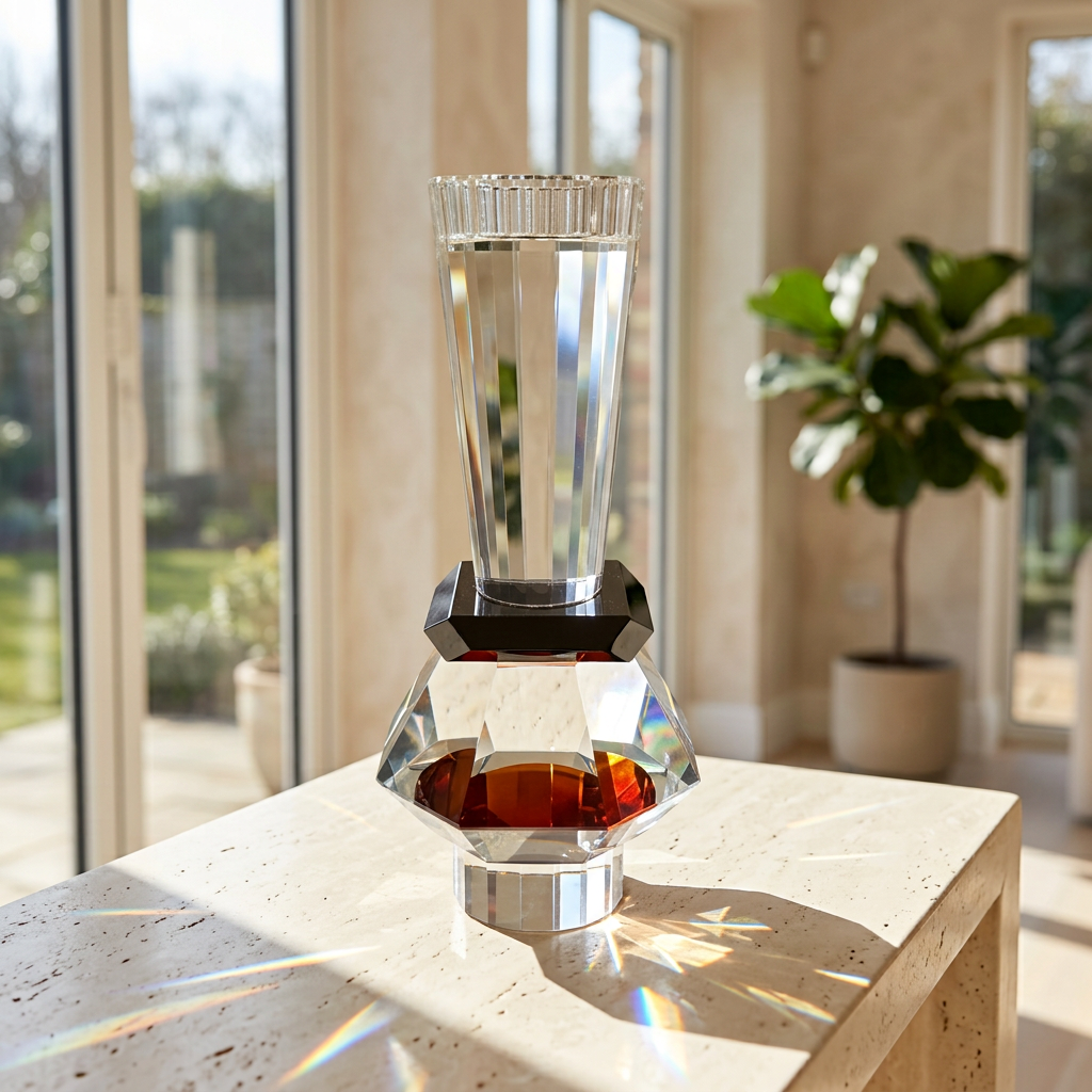 Crystal Candle Holder with Sculpted Geometric Accent