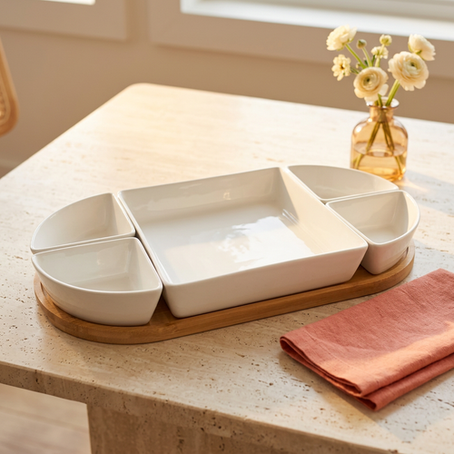 Modern Ceramic Appetizer Platter Set with Wooden Base