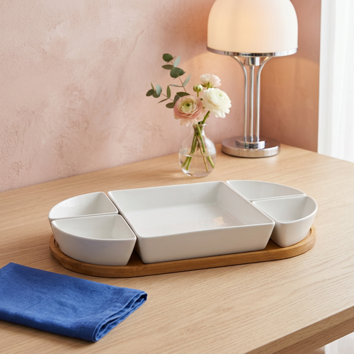 Modern Ceramic Appetizer Platter Set with Wooden Base