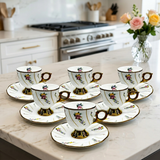 Vintage Floral & Gold Pinstripe Cup & Saucer Set of 6