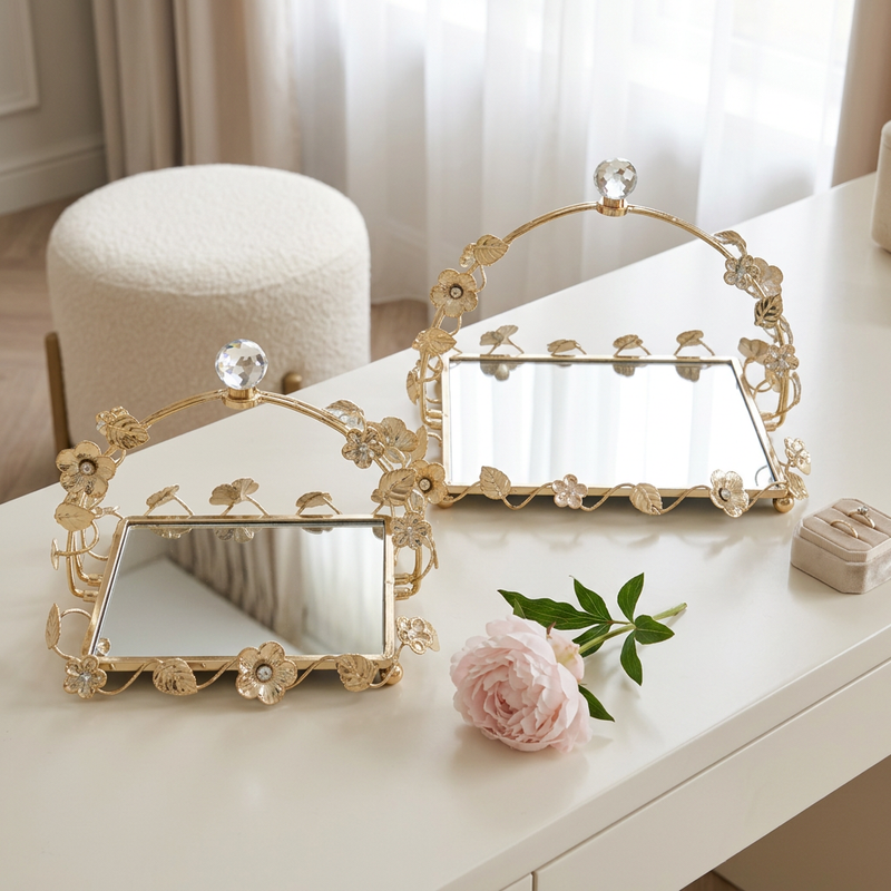 Gold Floral Metal & Mirrored Basket Tray Set of 2