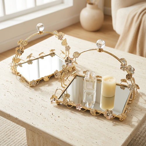 Gold Floral Metal & Mirrored Basket Tray Set of 2