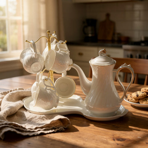 Elegant Pearl Swirl Tea Set With Tray & Stand