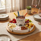Ceramic Chocolate Fondue Pot Set with Wooden Tray