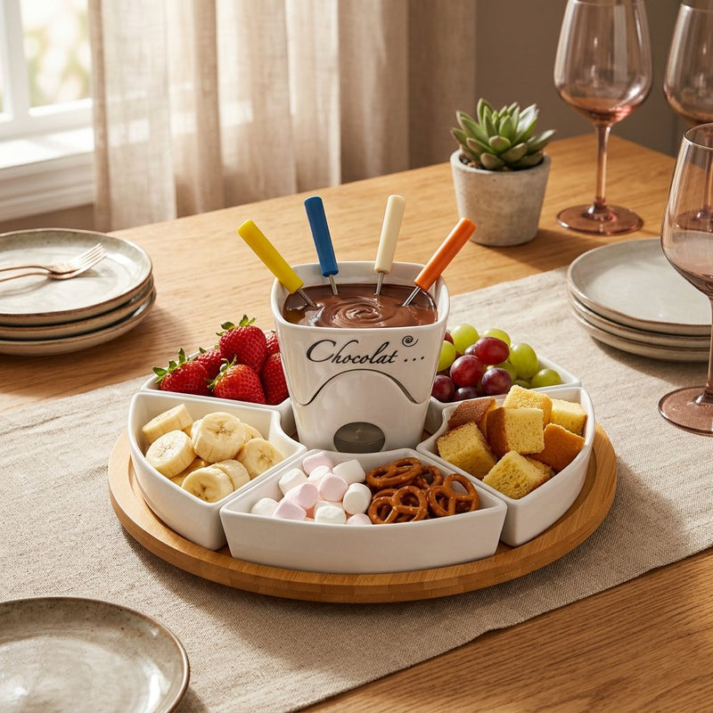 Ceramic Chocolate Fondue Pot Set with Wooden Tray