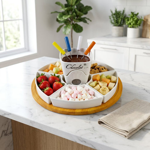 Ceramic Chocolate Fondue Pot Set with Wooden Tray