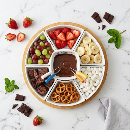 Ceramic Chocolate Fondue Pot Set with Wooden Tray