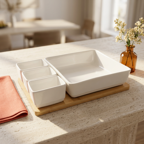 Elegant White Square Bowl & 3 Side Dip Cups with Bamboo Board