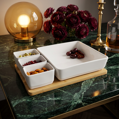 Elegant White Square Bowl & 3 Side Dip Cups with Bamboo Board