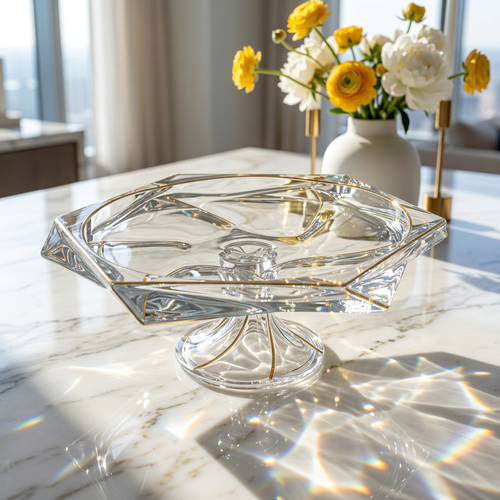 Elegant Gold Accented Hexagonal Glass Cake Stand
