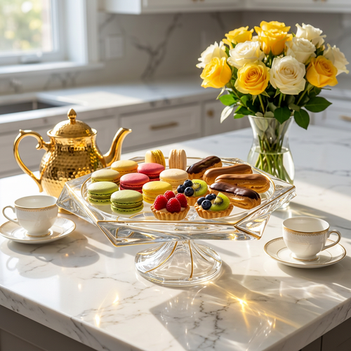 Elegant Gold Accented Hexagonal Glass Cake Stand
