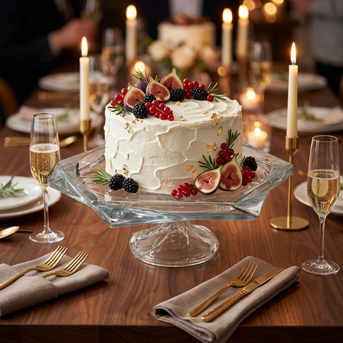 Elegant Gold Accented Hexagonal Glass Cake Stand