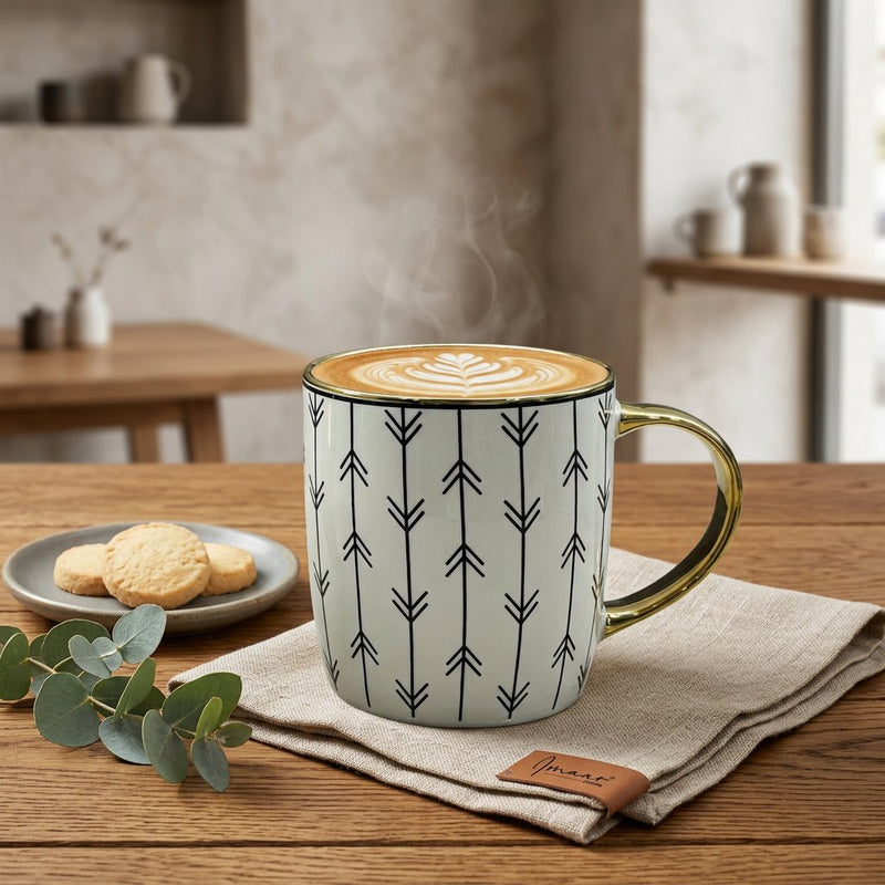 Modern Black & White Ceramic Mug with Gold Handle & Rim