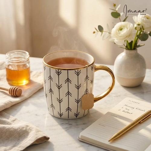 Modern Black & White Ceramic Mug with Gold Handle & Rim