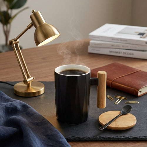 Nordic Geometric Ceramic Mug with Wooden Handle & Lid